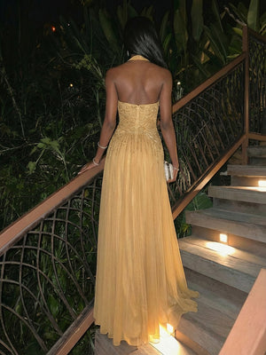 Halter A Line Sleeveless Pleated Evening Dresses with Sequins