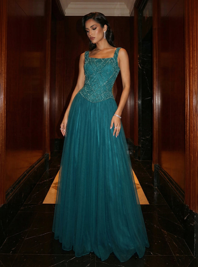 A Line Square Neck Beaded Elegant Evening Dresses with Pleats