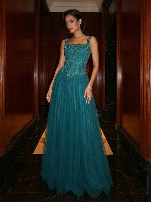 A Line Square Neck Beaded Elegant Evening Dresses with Pleats