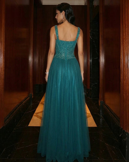 A Line Square Neck Beaded Elegant Evening Dresses with Pleats