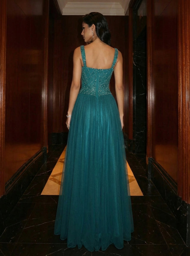 A Line Square Neck Beaded Elegant Evening Dresses with Pleats