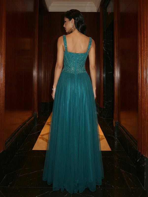 A Line Square Neck Beaded Elegant Evening Dresses with Pleats