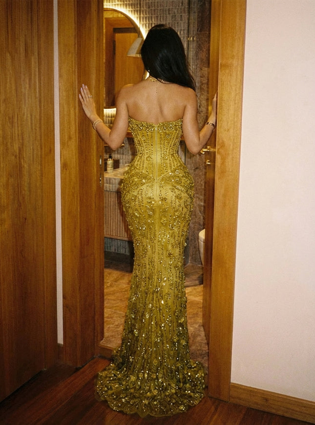 Mermaid Strapless Corset Sequined Evening Dresses with Beadings