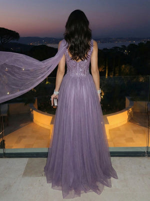 A Line Scoop Sleeveless Corset Sequined Evening Dresses with Pleats & Scarf