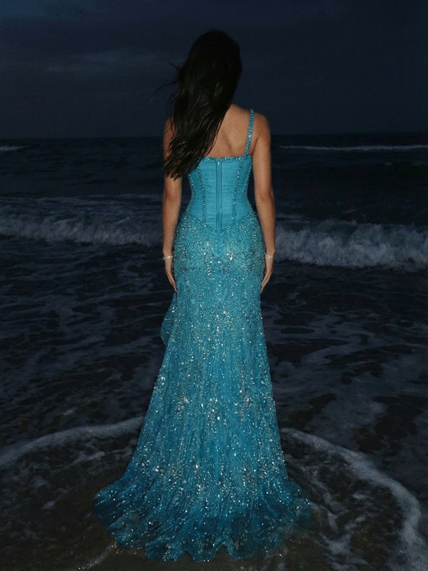 Spaghetti Straps Mermaid Sequin Evening Dresses