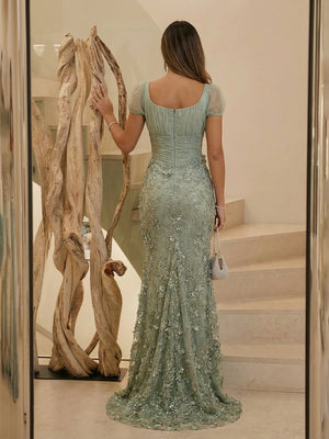 Short Sleeves Mermaid Jacquard Evening Dresses