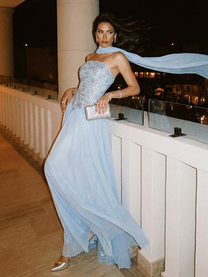 Strapless A Line Sequin Evening Dresses with Scarf