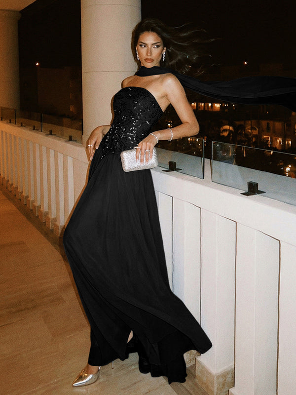 black strapless evening dress Strapless A Line Sequin Evening Dresses with Scarf