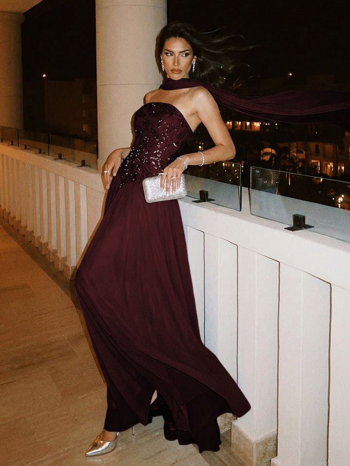 Strapless A Line Sequin Evening Dresses with Scarf