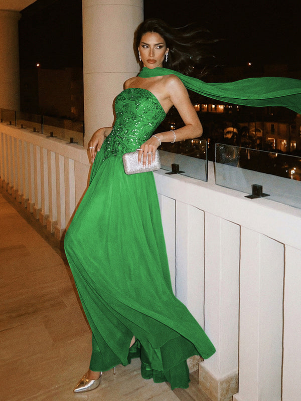 Strapless A Line Sequin Evening Dresses with Scarf