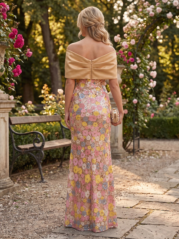 Floral Sequin Mermaid Strapless Ruffles Floor Length Evening Dresses with Slit