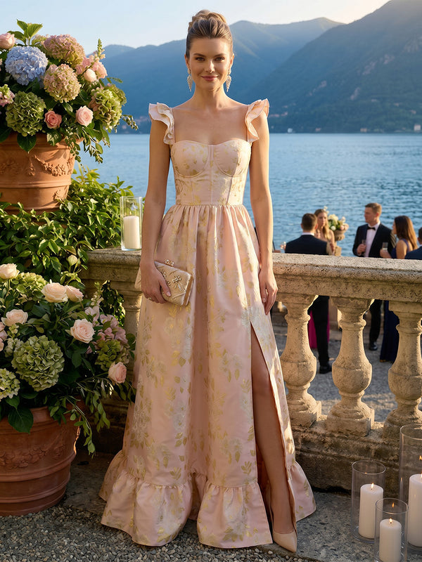 Jacquard Square Neck Ruffles Floor Length Formal Dresses with Slit