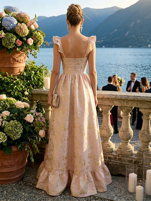 Jacquard Square Neck Ruffles Floor Length Formal Dresses with Slit