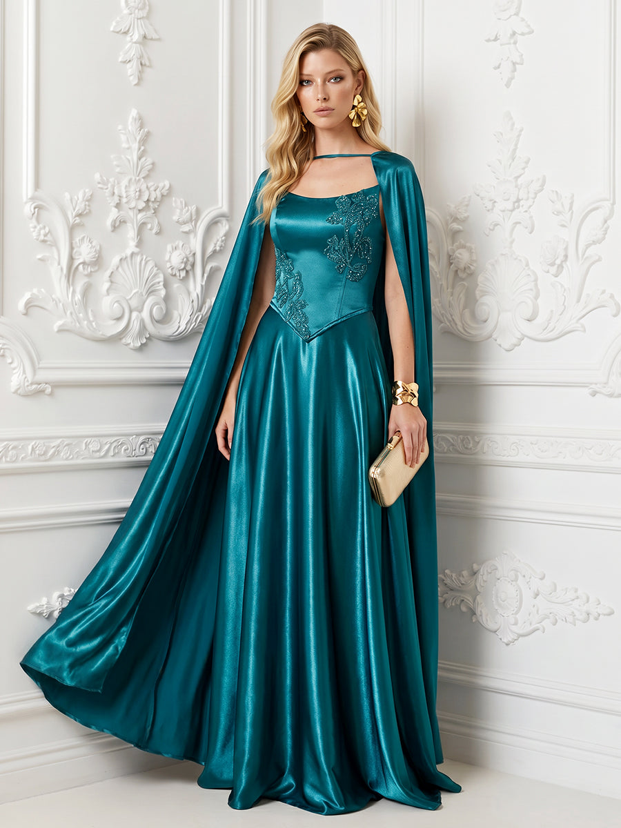 Satin A Line Square Neck Ruched Pleats Evening Dresses with Cape