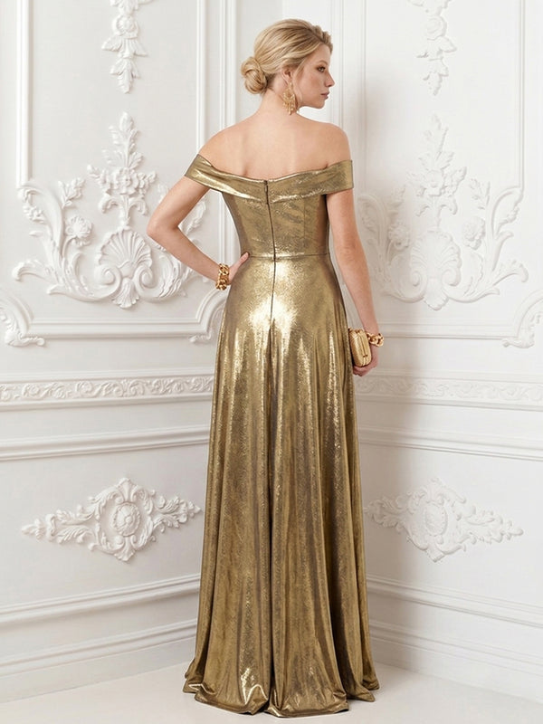 Metallic Satin A Line Off the Shoulder Pleats Corset Evening Dresses