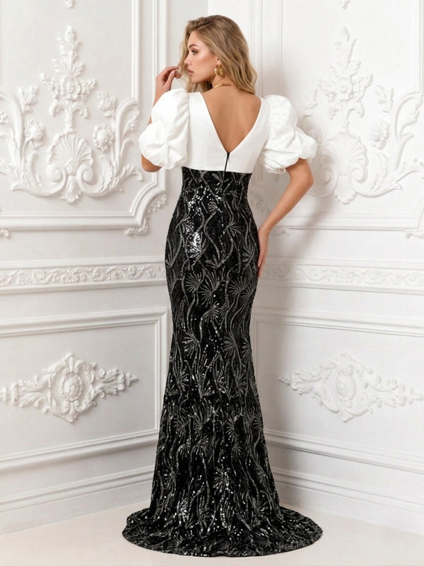Floral Mermaid V Neck Sequin Corset Evening Dresses