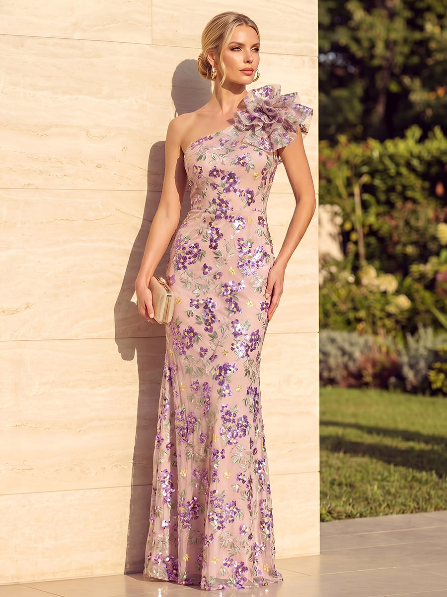 Sequin Floral Mermaid One Shoulder 3D Flowers Ruched Evening Dresses