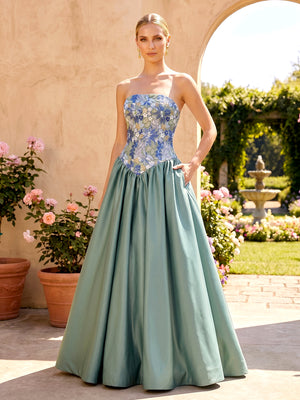 Satin A Line Strapless Pleats Corset Evening Dresses with Pockets