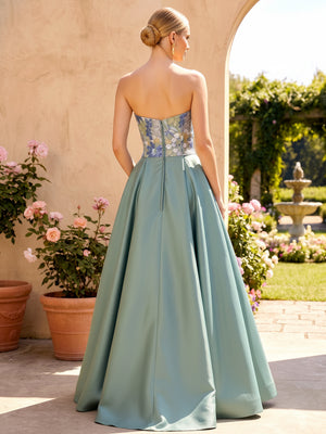 Satin A Line Strapless Pleats Corset Evening Dresses with Pockets