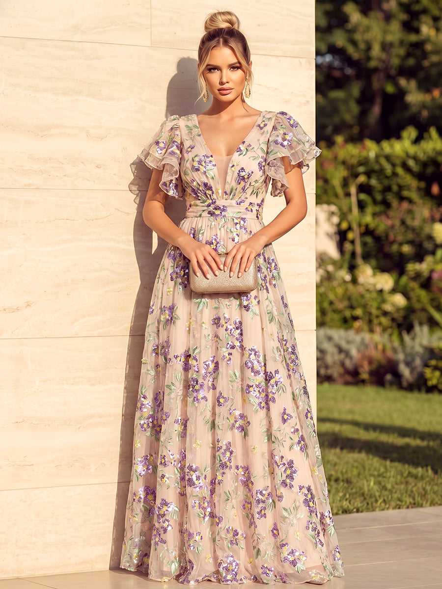 Sequin Floral A Line V Neck Ruched Pleats Evening Dresses