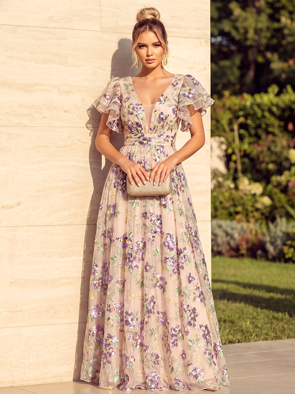 Sequin Floral A Line V Neck Ruched Pleats Evening Dresses