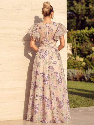 Sequin Floral A Line V Neck Ruched Pleats Evening Dresses