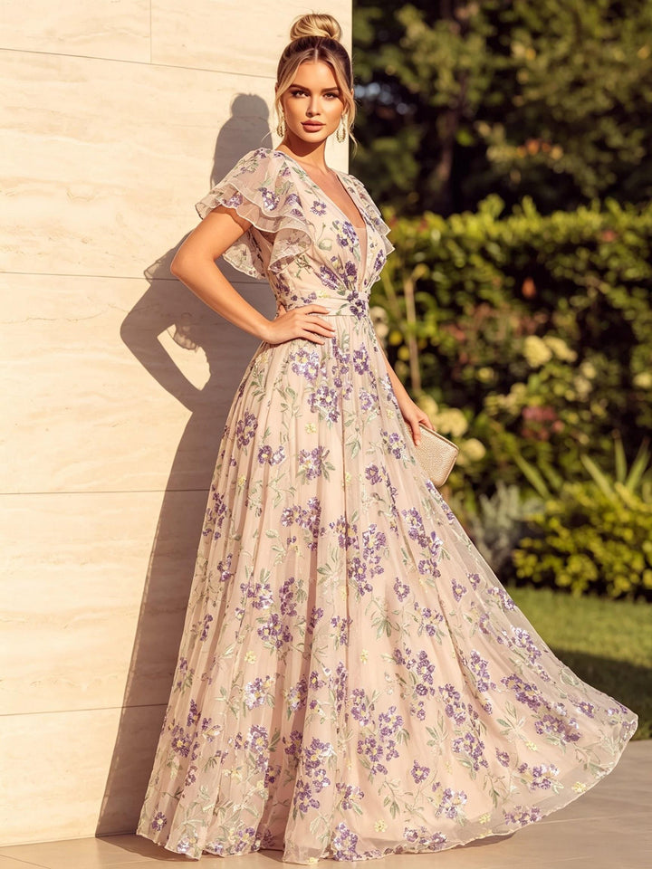 Sequin Floral A Line Ruffles V Neck Ruched Evening Dresses