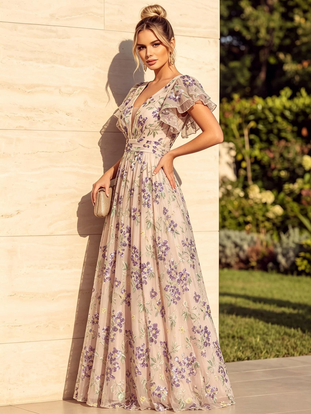 Sequin Floral A Line Ruffles V Neck Ruched Evening Dresses
