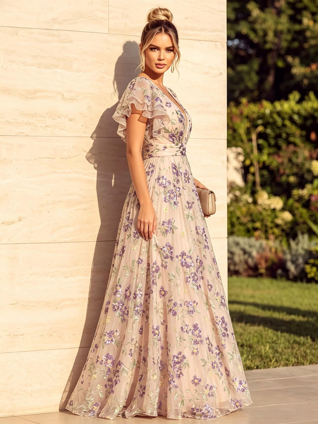 Sequin Floral A Line Ruffles V Neck Ruched Evening Dresses