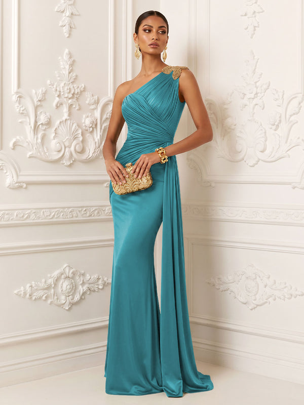 Satin Mermaid One Shoulder Pleats Ruffles Evening Dresses