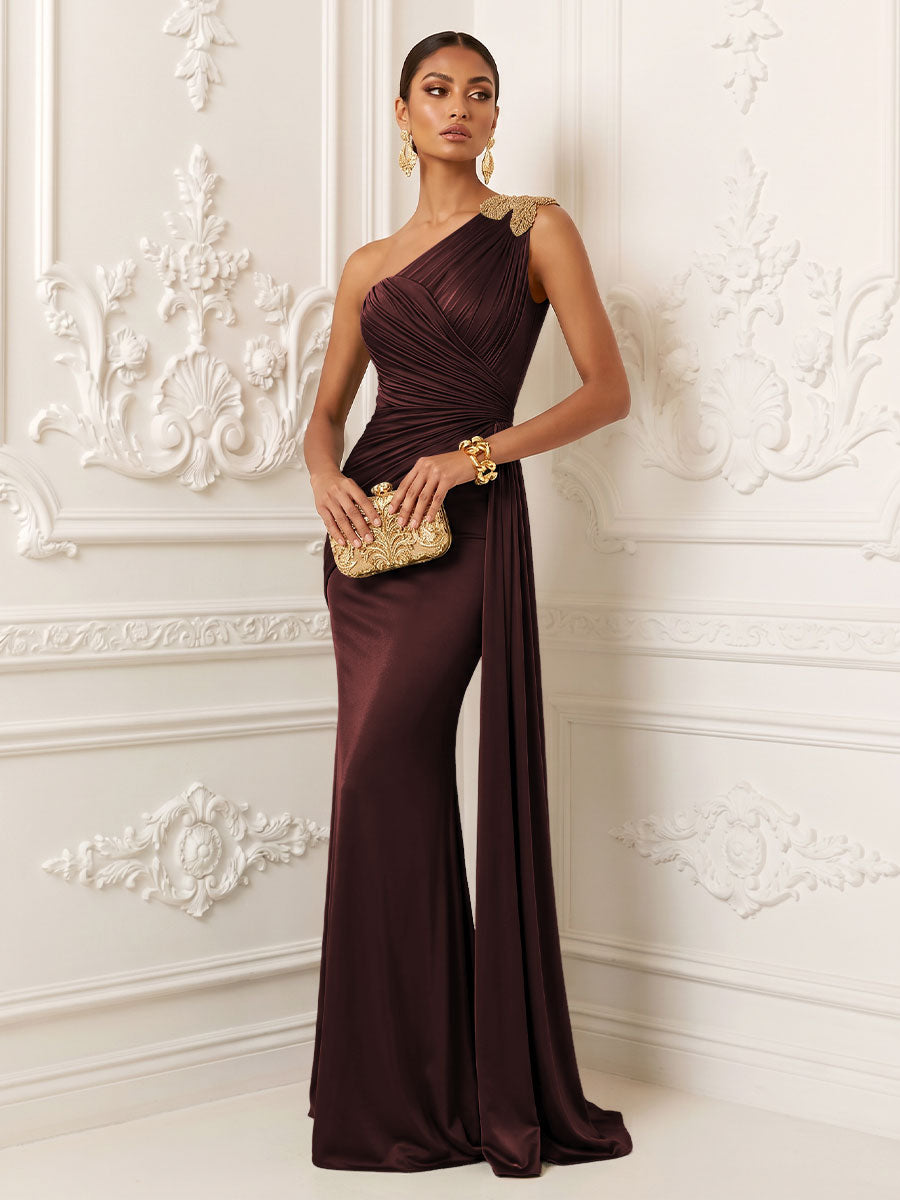 Satin Mermaid One Shoulder Pleats Ruffles Evening Dresses