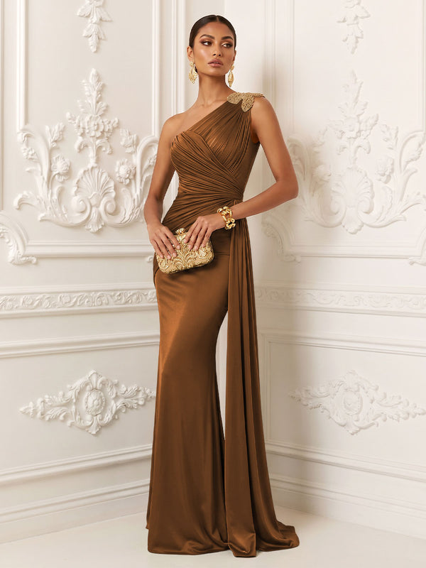 Satin Mermaid One Shoulder Pleats Ruffles Evening Dresses