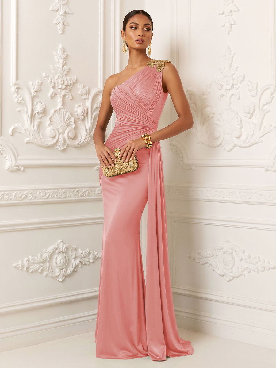 Satin Mermaid One Shoulder Pleats Ruffles Evening Dresses