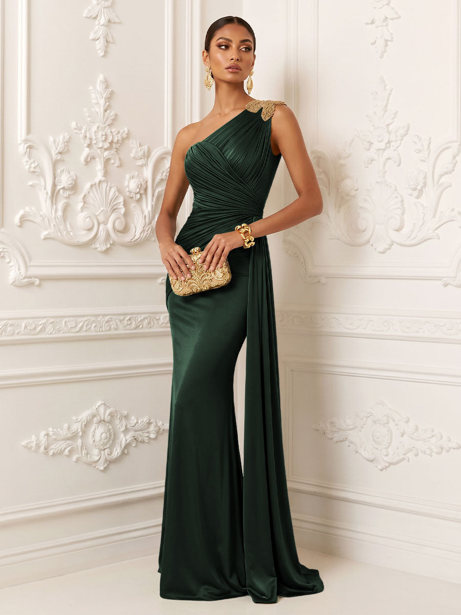 Satin Mermaid One Shoulder Pleats Ruffles Evening Dresses