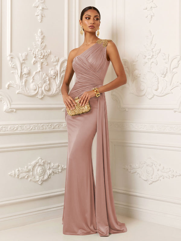 Satin Mermaid One Shoulder Pleats Ruffles Evening Dresses