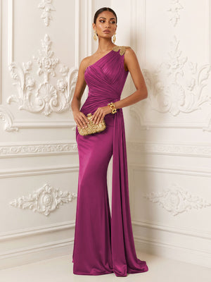 Satin Mermaid One Shoulder Pleats Ruffles Evening Dresses