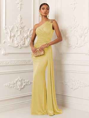 Satin Mermaid One Shoulder Pleats Ruffles Evening Dresses