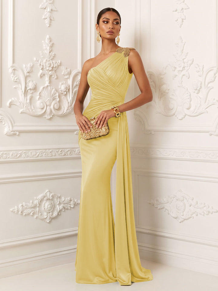 Satin Mermaid One Shoulder Pleats Ruffles Evening Dresses