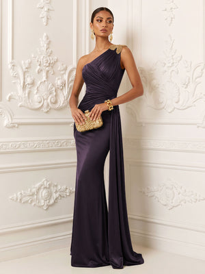 Satin Mermaid One Shoulder Pleats Ruffles Evening Dresses