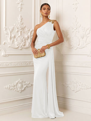 Satin Mermaid One Shoulder Pleats Ruffles Evening Dresses