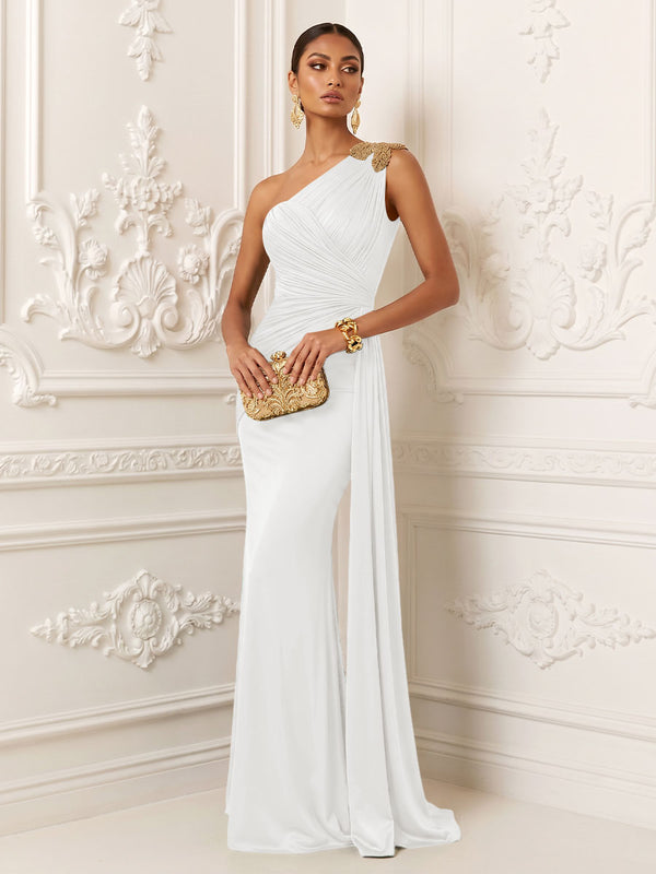 Satin Mermaid One Shoulder Pleats Ruffles Evening Dresses