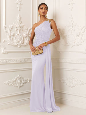Satin Mermaid One Shoulder Pleats Ruffles Evening Dresses