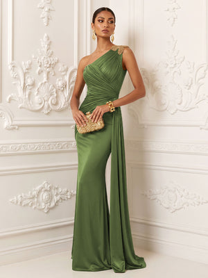 Satin Mermaid One Shoulder Pleats Ruffles Evening Dresses