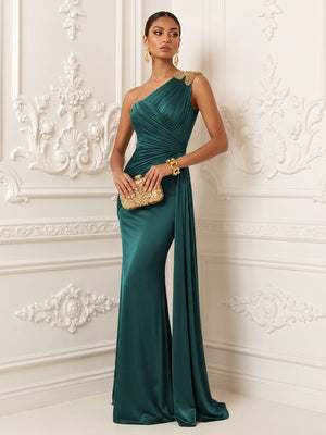 Satin Mermaid One Shoulder Pleats Ruffles Evening Dresses