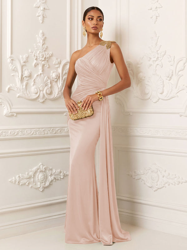 Satin Mermaid One Shoulder Pleats Ruffles Evening Dresses