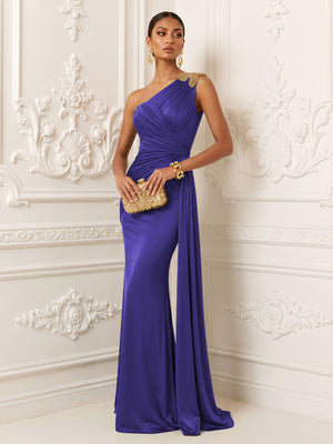 Satin Mermaid One Shoulder Pleats Ruffles Evening Dresses