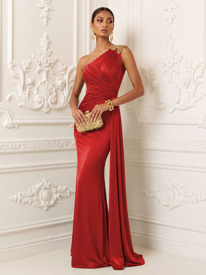 Satin Mermaid One Shoulder Pleats Ruffles Evening Dresses