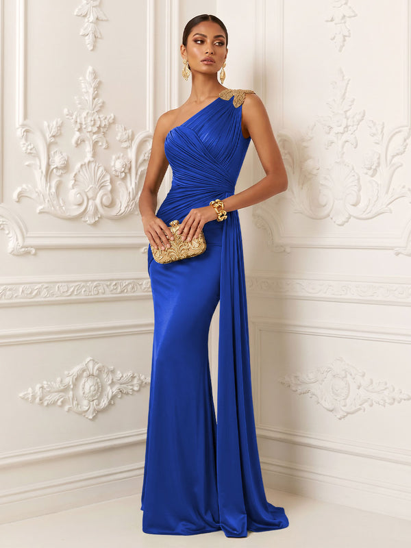 Satin Mermaid One Shoulder Pleats Ruffles Evening Dresses