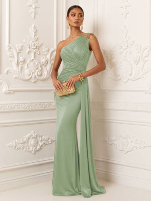 Satin Mermaid One Shoulder Pleats Ruffles Evening Dresses