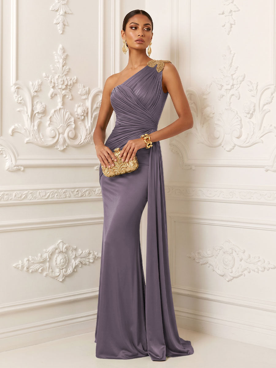 Satin Mermaid One Shoulder Pleats Ruffles Evening Dresses
